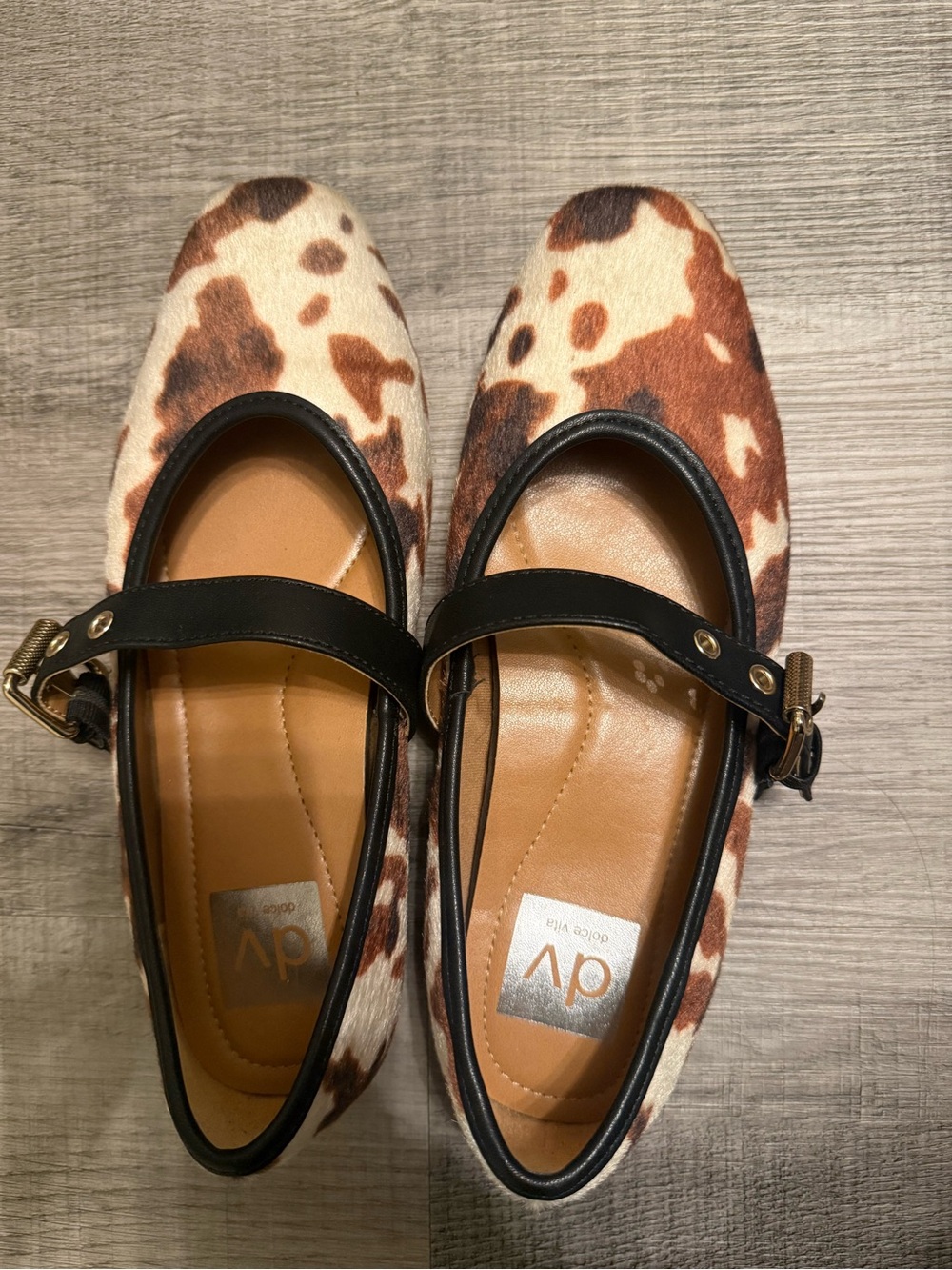 DV by Dolce Vita Cowhide Mary Jane Flats in Brown and Cream with Black Strap